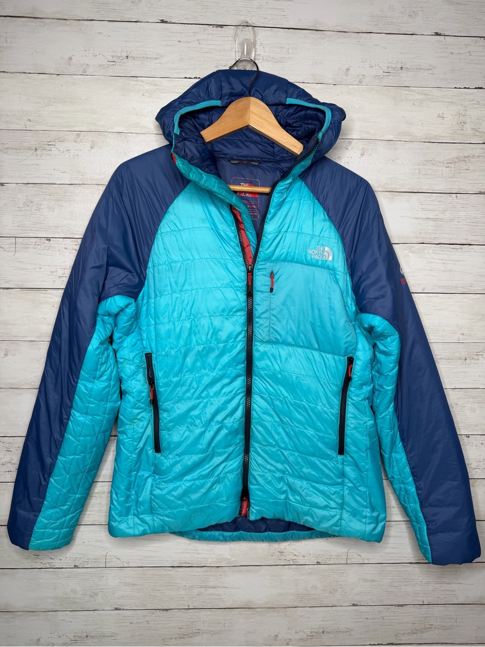 The North Face Summit Series Women’s Large Teal Navy Hooded Insulated Jacket